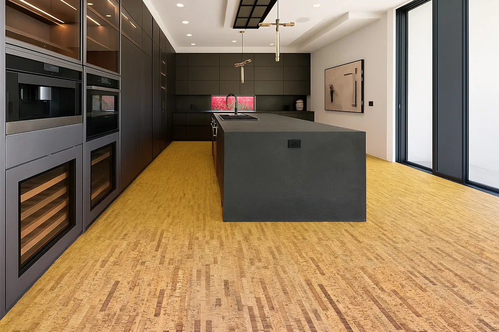Linea Dark - 7/16&Quot; (11Mm) - Swiss Real Cork Floating (Flin11) Modern Kitchen With Large Island And Linea Dark Swiss Real Cork Floating Flooring, Combining Contemporary Style With Natural Cork Performance.