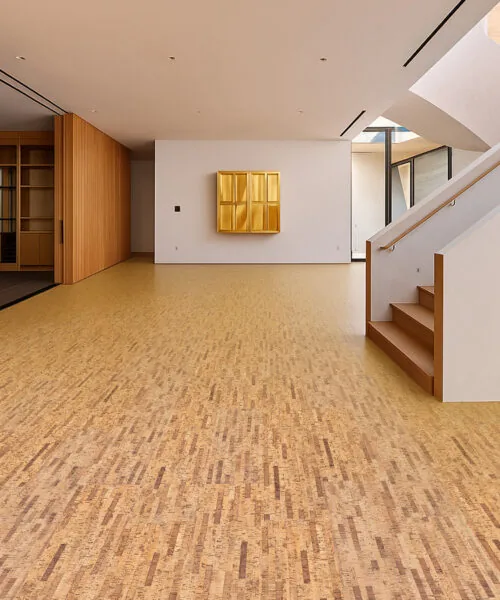 Linea Dark - 7/16&Quot; (11Mm) - Swiss Real Cork Floating (Flin11) Linea Dark 11Mm Swiss Real Cork Floating Flooring Installed In A Modern Open-Concept Living Room With Staircase And Natural Wood Accents.
