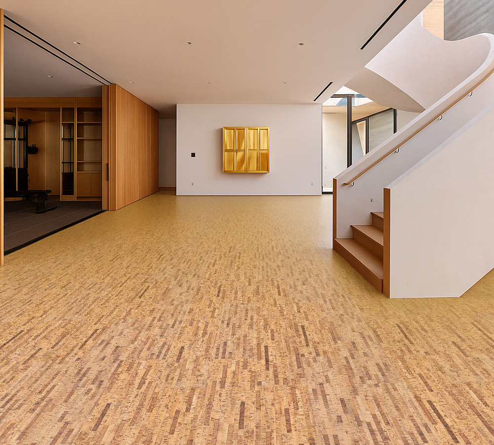 Linea Dark - 7/16&Quot; (11Mm) - Swiss Real Cork Floating (Flin11) Linea Dark 11Mm Swiss Real Cork Floating Flooring Installed In A Modern Open-Concept Living Room With Staircase And Natural Wood Accents.