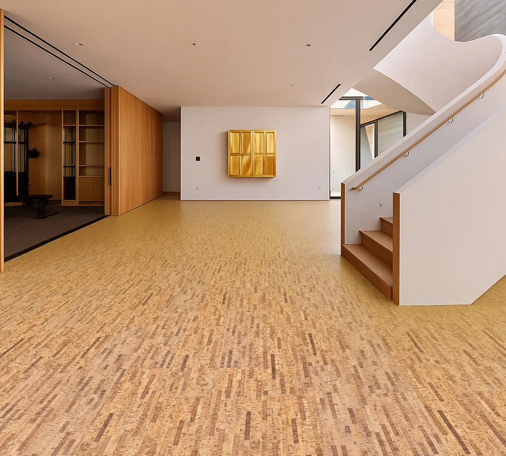 Linea Dark - 7/16&Quot; (11Mm) - Swiss Real Cork Floating (Flin11) Linea Dark 11Mm Swiss Real Cork Floating Flooring Installed In A Modern Open-Concept Living Room With Staircase And Natural Wood Accents.
