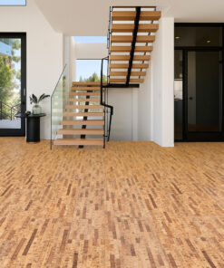 Modern Staircase And Entryway Featuring Linea Dark Swiss Real Cork Floating Flooring With Natural Cork Texture And Durable Finish.