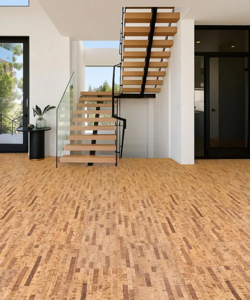 Linea Dark - 7/16&Quot; (11Mm) - Swiss Real Cork Floating (Flin11) Modern Staircase And Entryway Featuring Linea Dark Swiss Real Cork Floating Flooring With Natural Cork Texture And Durable Finish.