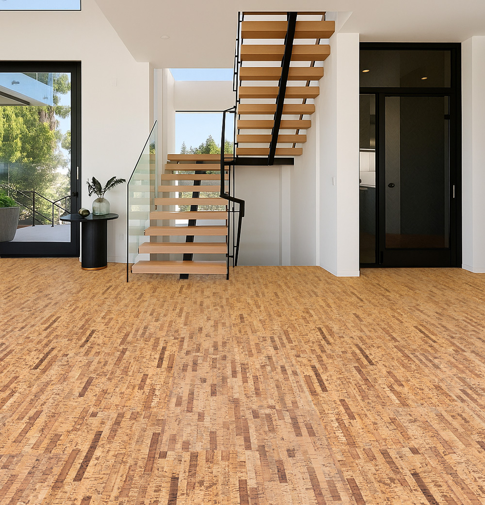 Linea Dark - 7/16&Quot; (11Mm) - Swiss Real Cork Floating (Flin11) Modern Staircase And Entryway Featuring Linea Dark Swiss Real Cork Floating Flooring With Natural Cork Texture And Durable Finish.