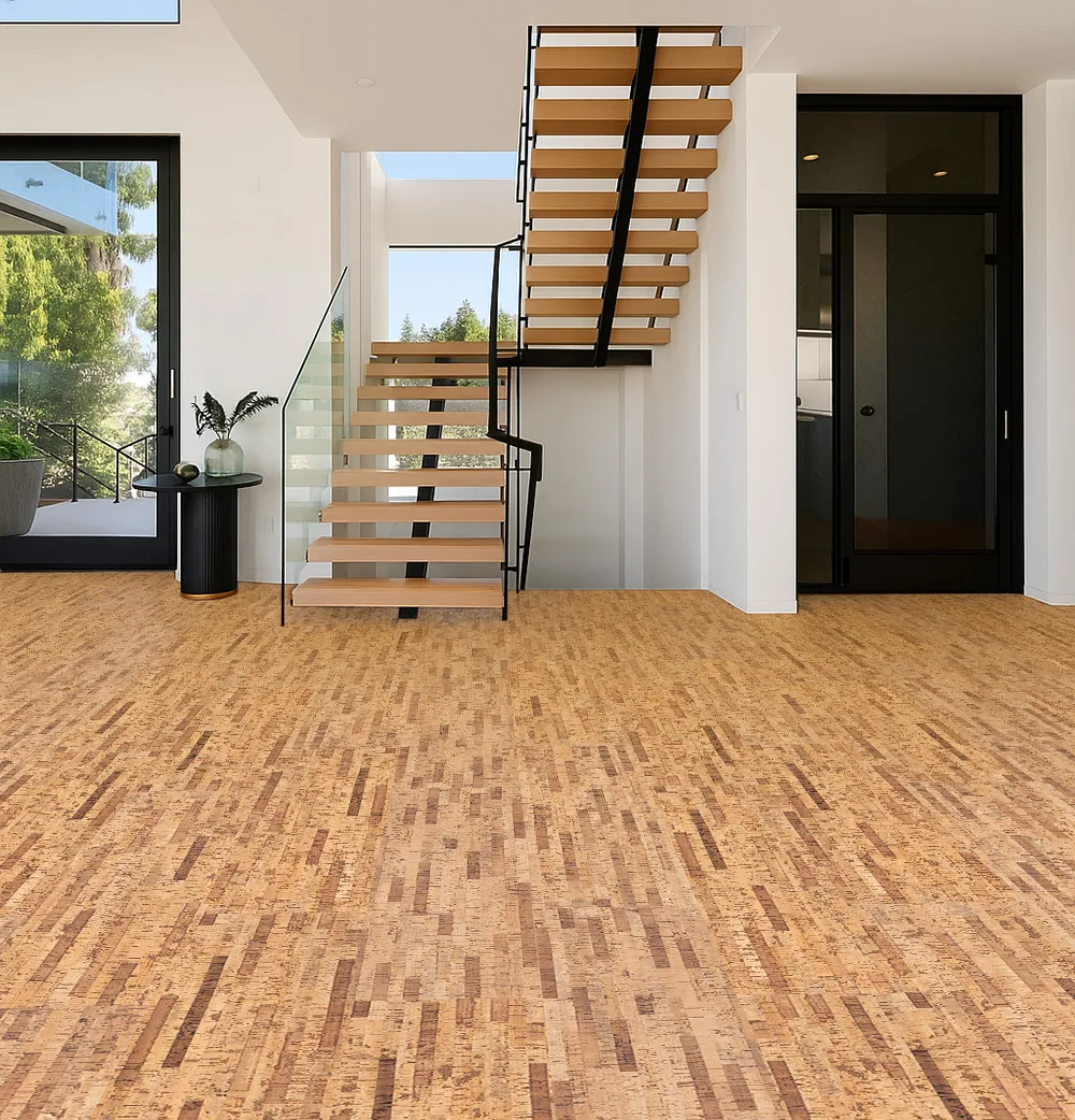 Linea Dark - 7/16&Quot; (11Mm) - Swiss Real Cork Floating (Flin11) Modern Staircase And Entryway Featuring Linea Dark Swiss Real Cork Floating Flooring With Natural Cork Texture And Durable Finish.