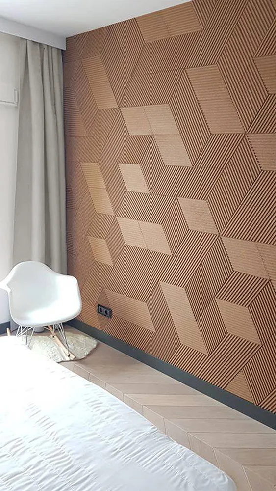 Linear Wood Natural 3D Acoustic Cork Decorative Wall Panels Coverings