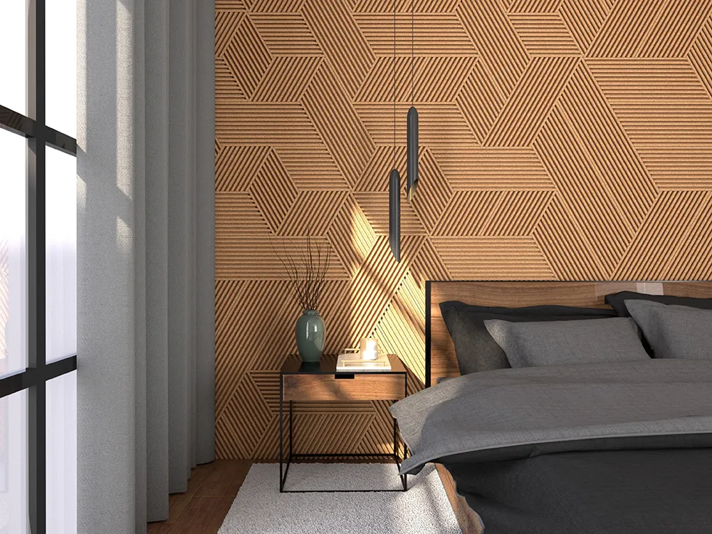 Linear Wood Natural 3D Acoustic Cork Decorative Wall Panels For Bedroom