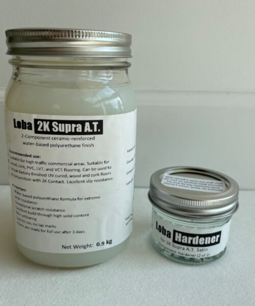 Loba 2K Supra A.T. polyurethane finish and hardener in labelled containers
