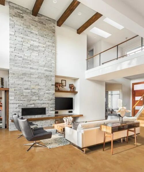 logan foran cork floors and fireplace in new luxury home