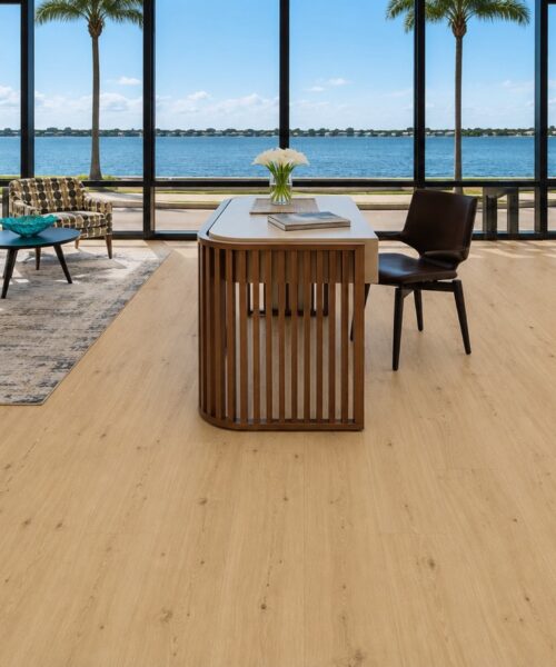 Long Beach - 7/16&Quot; (11Mm) - Swiss Design Floating (Flb11) Modern Waterfront Home Office Featuring Long Beach 11Mm Swiss Design Cork Flooring With Wide Light Oak Planks And Panoramic Lake Views.