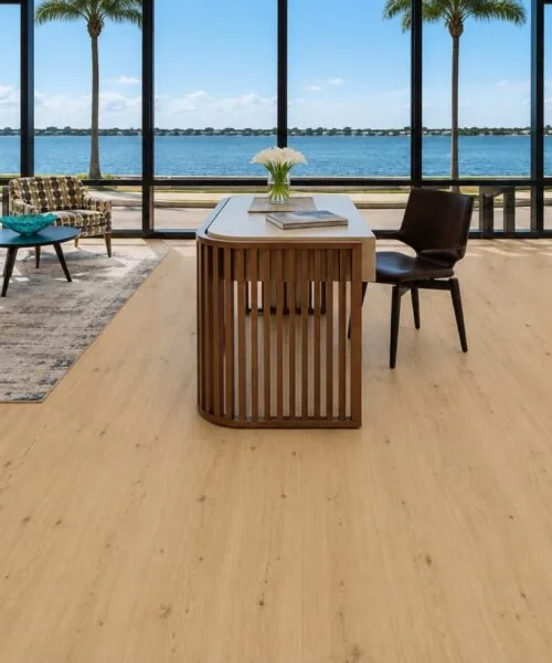 Modern Waterfront Home Office Featuring Long Beach 11Mm Swiss Design Cork Flooring With Wide Light Oak Planks And Panoramic Lake Views.