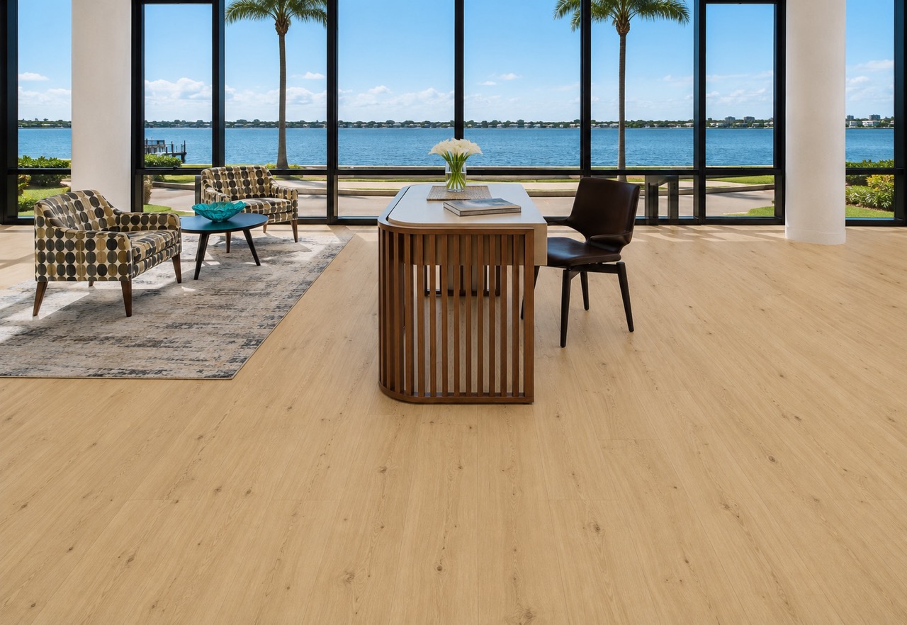Long Beach - 7/16&Quot; (11Mm) - Swiss Design Floating (Flb11) Modern Waterfront Home Office Featuring Long Beach 11Mm Swiss Design Cork Flooring With Wide Light Oak Planks And Panoramic Lake Views.