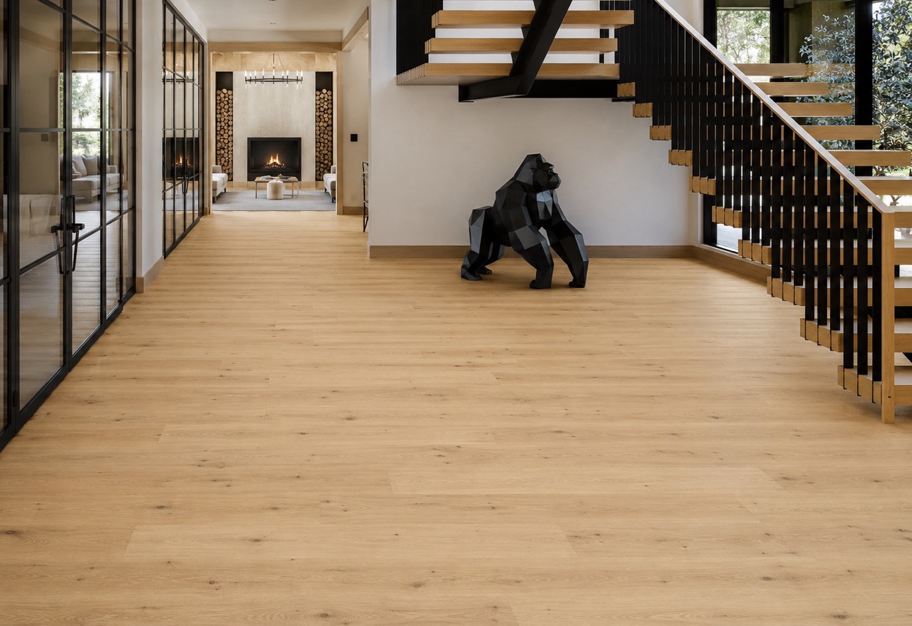 Long Beach - 7/16&Quot; (11Mm) - Swiss Design Floating (Flb11) Modern Entryway Featuring Long Beach 11Mm Swiss Design Cork Floating Flooring In A Light Natural Oak Finish With An Open Staircase And Contemporary Architecture.