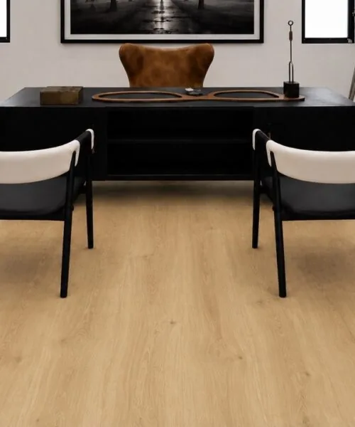 Executive Home Office Featuring Long Beach 11Mm Swiss Design Cork Flooring With Light Oak Plank Design, Black Desk, And Contemporary Seating.