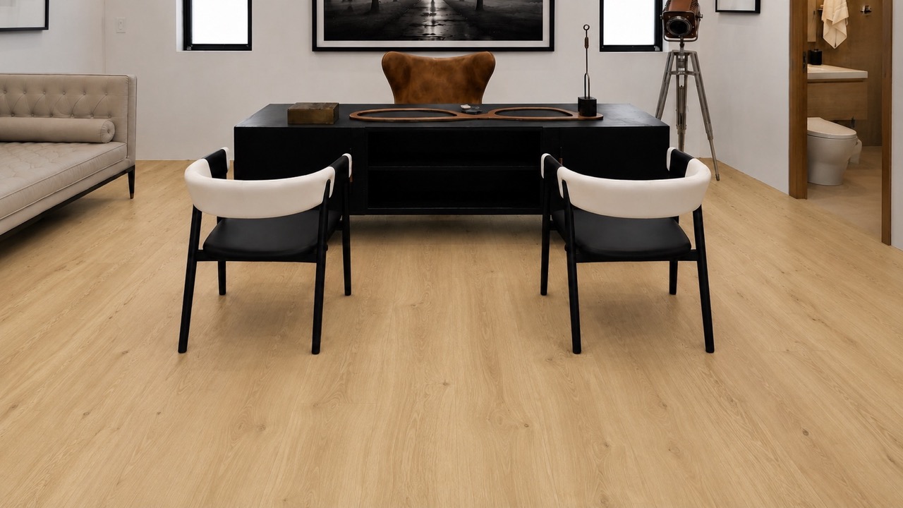 Long Beach - 7/16&Quot; (11Mm) - Swiss Design Floating (Flb11) Executive Home Office Featuring Long Beach 11Mm Swiss Design Cork Flooring With Light Oak Plank Design, Black Desk, And Contemporary Seating.