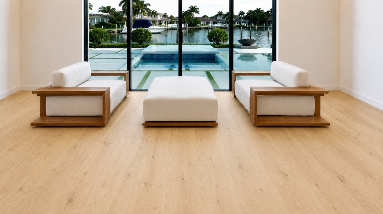 Long Beach - 7/16&Quot; (11Mm) - Swiss Design Floating (Flb11) Uxury Living Room With Long Beach Swiss Design Cork Floating Flooring, Modern Sofas, And Floor-To-Ceiling Windows Overlooking A Waterfront Pool.