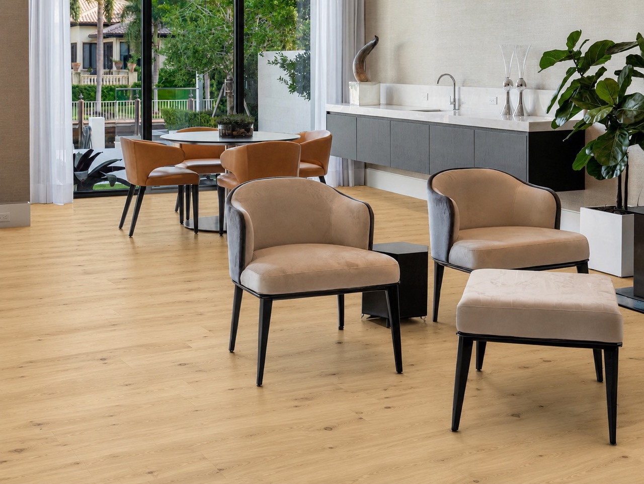 Long Beach - 7/16&Quot; (11Mm) - Swiss Design Floating (Flb11) Modern Lounge And Dining Area Showcasing Long Beach Swiss Design Cork Flooring With Light Oak Planks, Large Windows, And Luxury Seating.