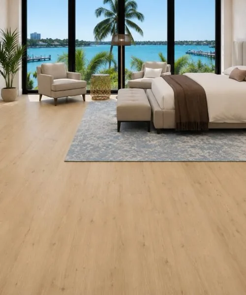 Luxury Master Bedroom With Long Beach Swiss Design Cork Floating Flooring In A Light Oak Finish, Modern Upholstered Bed, And Contemporary Furnishings.