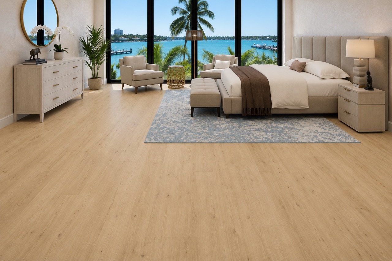 Long Beach - 7/16&Quot; (11Mm) - Swiss Design Floating (Flb11) Luxury Master Bedroom With Long Beach Swiss Design Cork Floating Flooring In A Light Oak Finish, Modern Upholstered Bed, And Contemporary Furnishings.