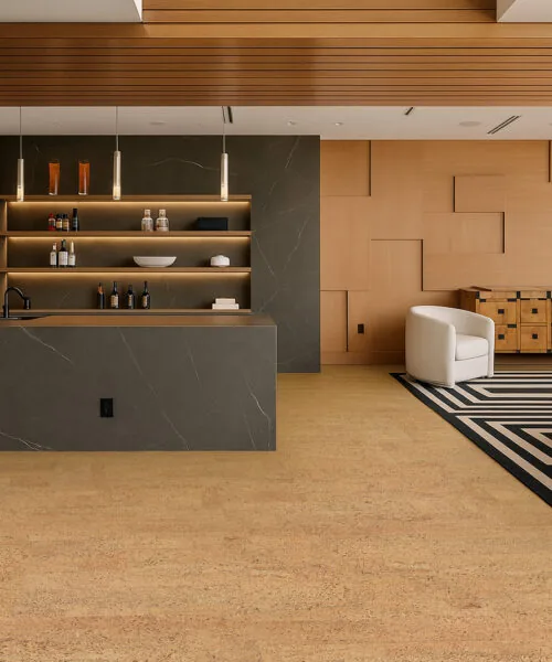 Rhythm – 7/16″ (11Mm) – Swiss Real Cork Floating (Frhy11) Contemporary Home Office With Rhythm Swiss Cork Floor, Complemented By Walnut Furniture And Soft Ambient Lighting.
