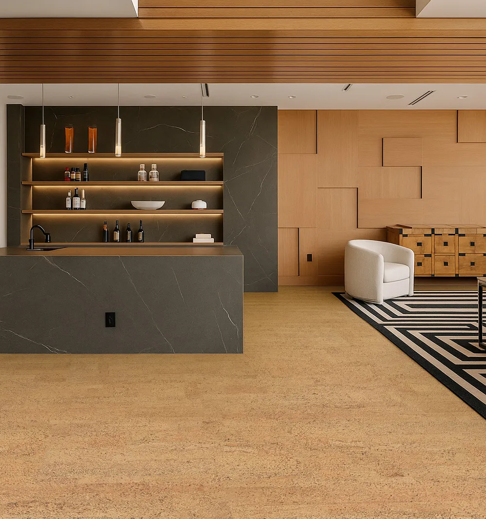 Contemporary Home Office With Rhythm Swiss Cork Floor, Complemented By Walnut Furniture And Soft Ambient Lighting.