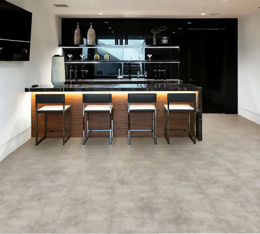 Minimalist Modern Kitchen With Copperstone Gray Swiss Real Linoleum Waterproof Flooring And Matte Black Island