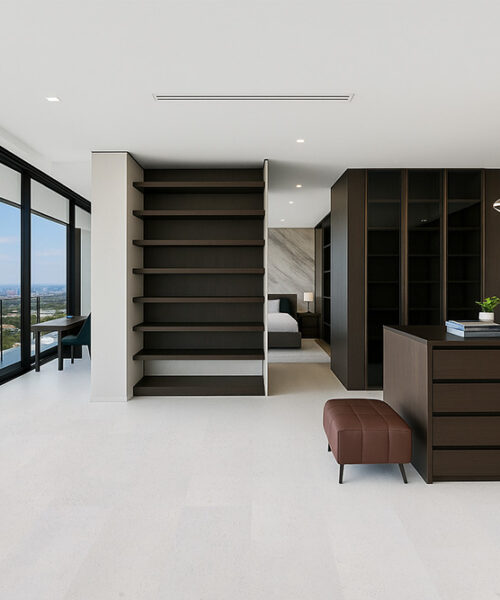 Luxury Master Bedroom With Custom Shelving And White Leather Cork Flooring Providing Comfort And Quiet Elegance.