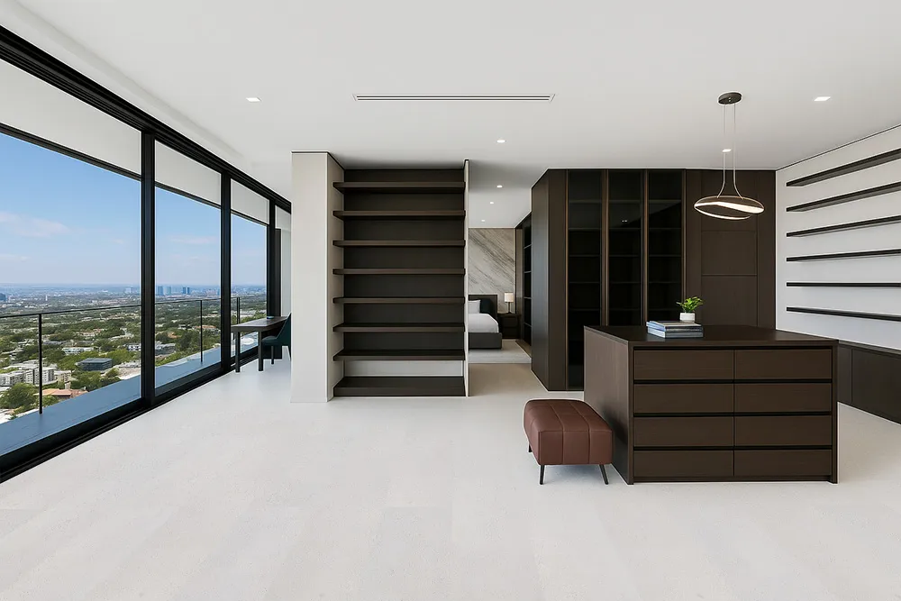 Luxury Master Bedroom With Custom Shelving And White Leather Cork Flooring Providing Comfort And Quiet Elegance.