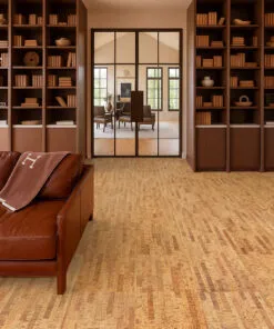Linea Dark - 7/16&Quot; (11Mm) - Swiss Real Cork Floating (Flin11) Elegant Home Library With Warm Lighting, Wood Shelving, And Dark Linear Cork Flooring For A Refined, Organic Atmosphere.