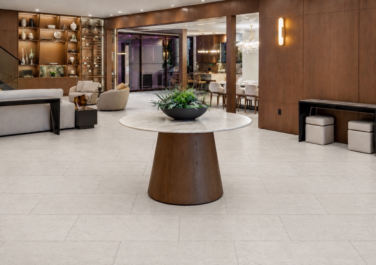Matera Blend - 19/64&Quot; (7.5Mm) - Swiss Techslate (Mmatbd7.5) White Matera Blend Techslate Flooring Shows A Light Limestone Surface In A Rectangular Plank Layout Across An Open-Plan Dining Area.