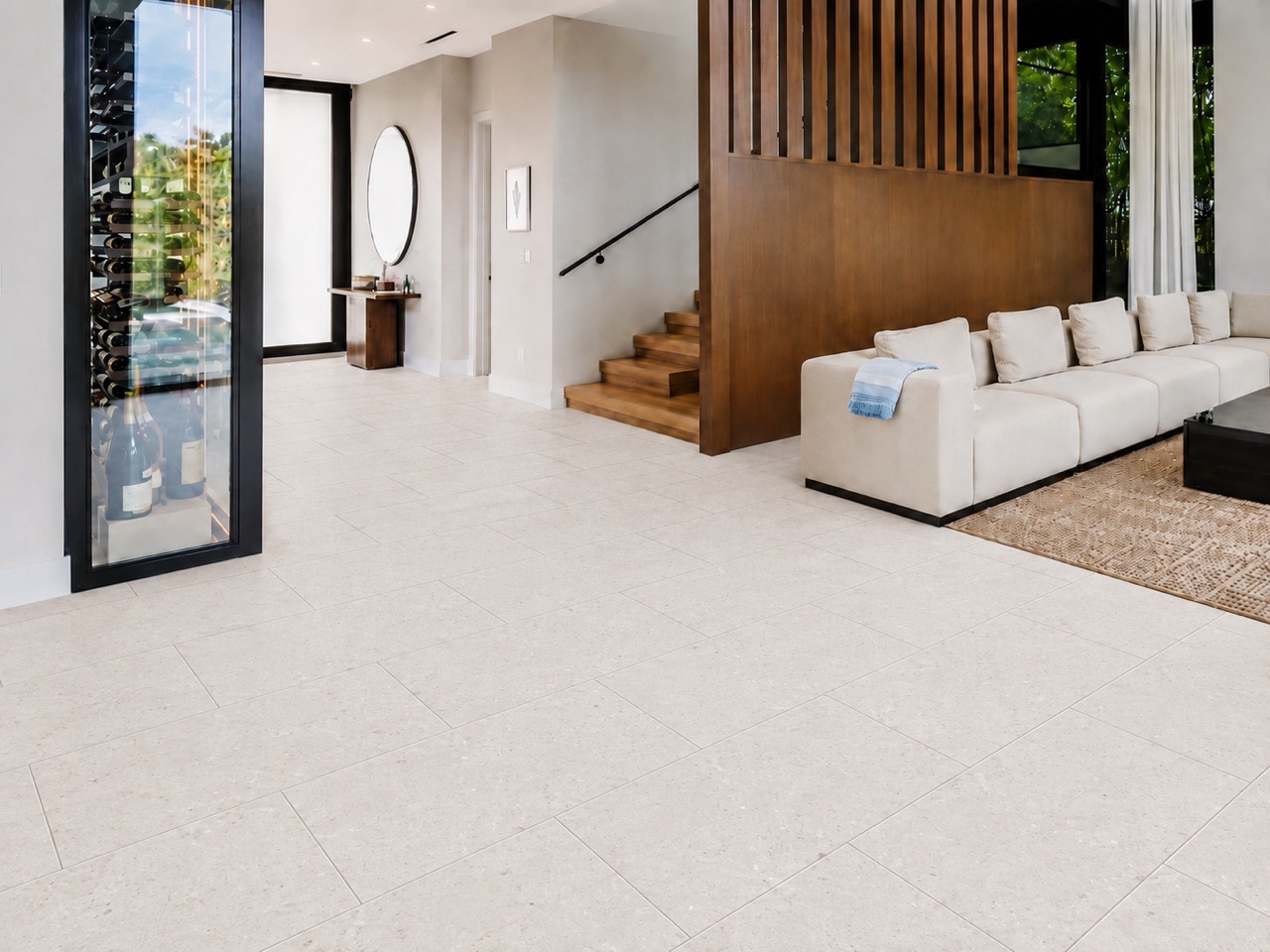 Matera Blend - 19/64&Quot; (7.5Mm) - Swiss Techslate (Mmatbd7.5) Matera Blend Contemporary Architectural Flooring In Light Limestone Spans An Entryway And Living Room With A Wine Display And Wood Wall.