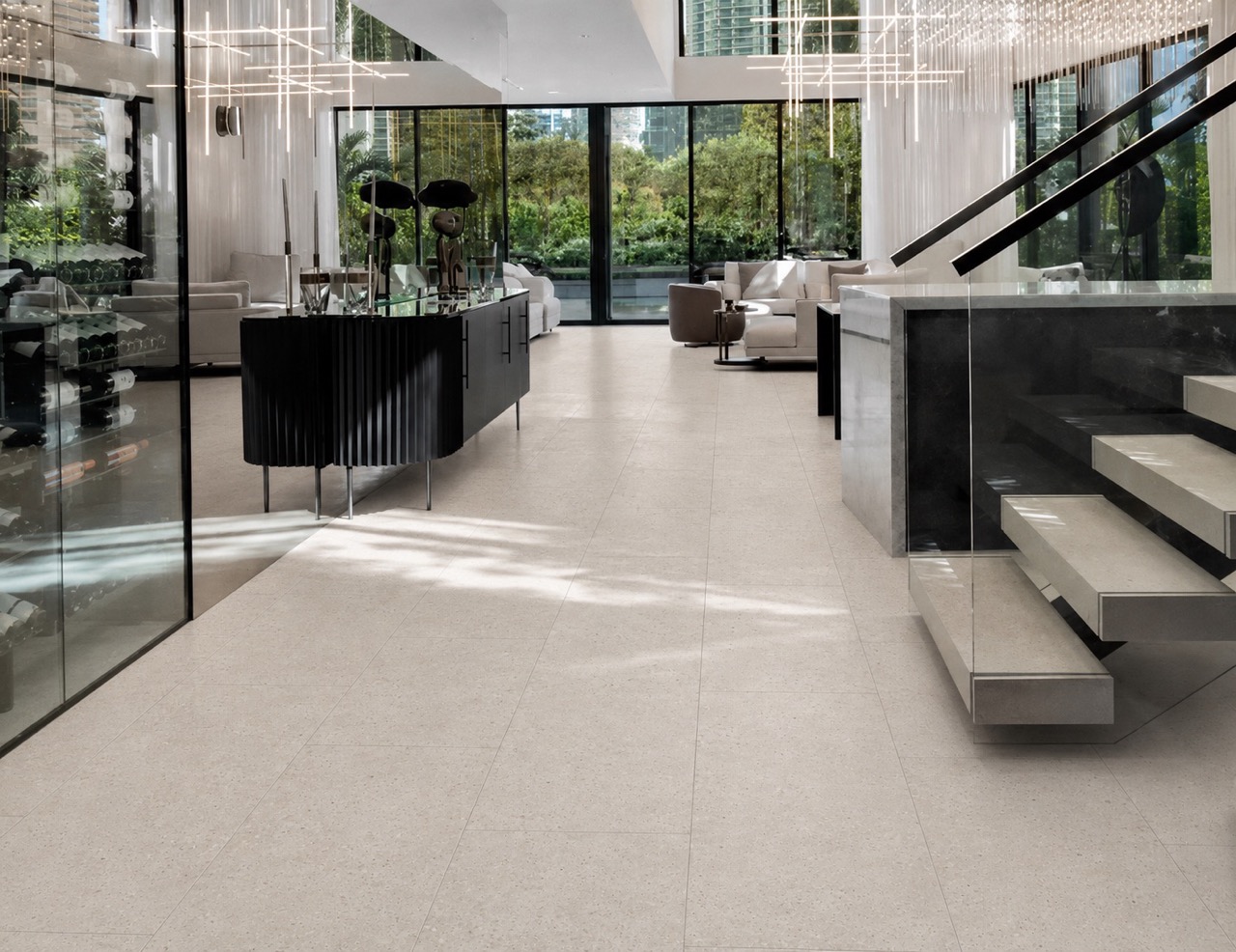 Matera Blend - 19/64&Quot; (7.5Mm) - Swiss Techslate (Mmatbd7.5) Light Limestone Matera Blend Click-Lock Flooring Runs In Staggered Rectangular Planks Through A Contemporary Entryway And Living Room.