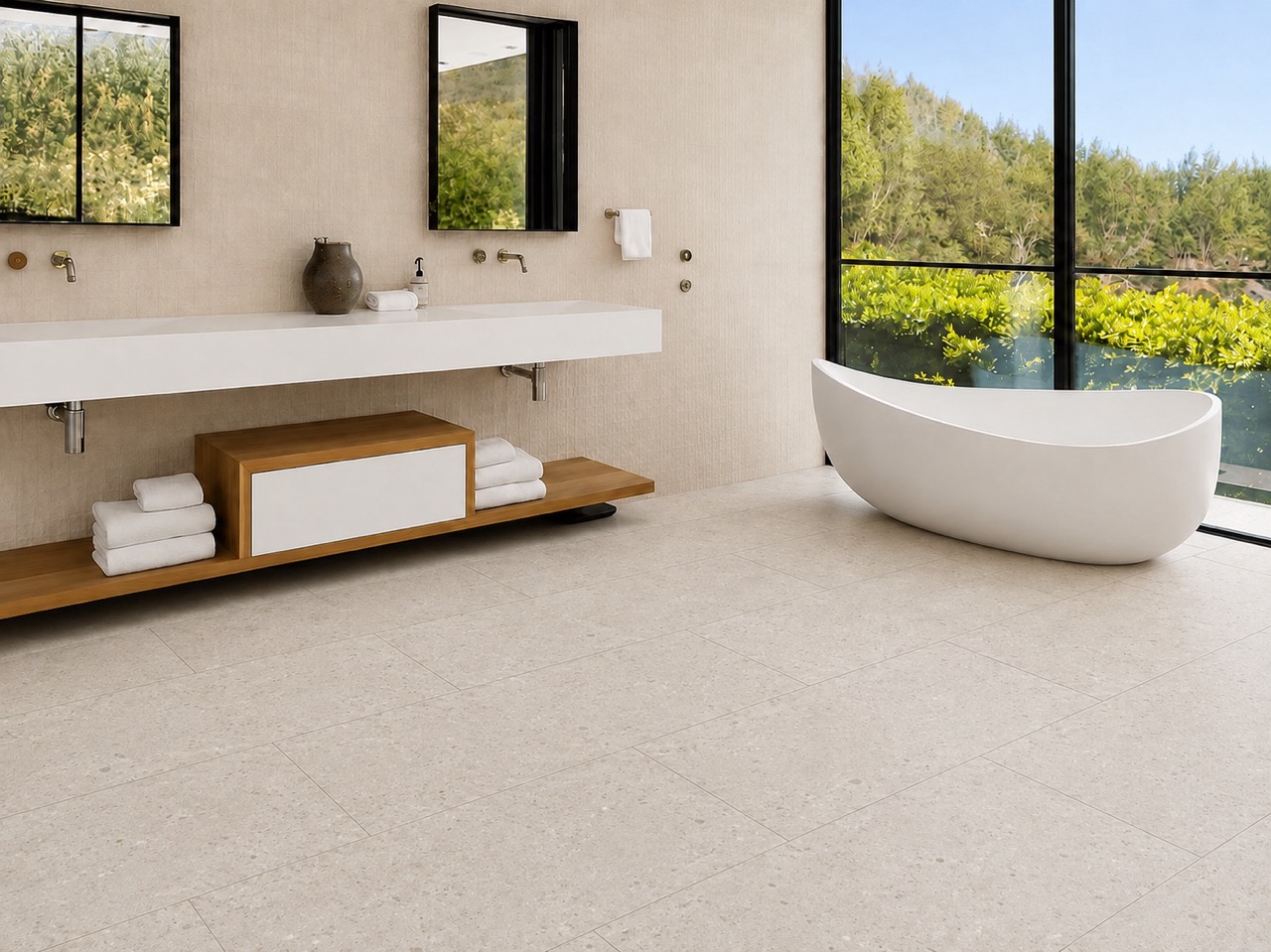 Matera Blend - 19/64&Quot; (7.5Mm) - Swiss Techslate (Mmatbd7.5) Matera Blend Waterproof Floating Flooring In Light Limestone Shows Mineral Texture And Micro-Beveled Planks Beside A Freestanding Bathtub.