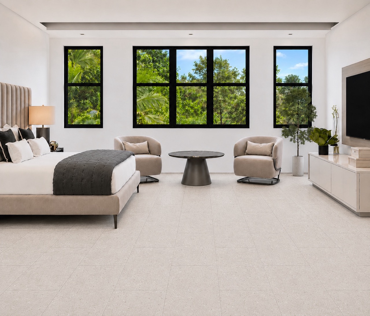 Matera Blend - 19/64&Quot; (7.5Mm) - Swiss Techslate (Mmatbd7.5) Light Limestone Matera Blend Swiss Techslate Flooring Creates A Bright Bedroom Setting With Rectangular Planks, Upholstered Bed, And Dark Accents.