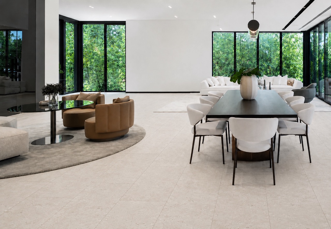 Matera Blend - 19/64&Quot; (7.5Mm) - Swiss Techslate (Mmatbd7.5) Light Limestone Matera Blend Stone-Look Flooring Extends Beneath A Kitchen Island And Into A Modern Living Room.