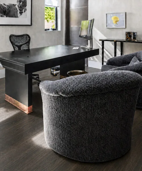 Mocha - 7/16&Quot; (11Mm) - Swiss Design Cork Floating (Fmoc11) Mocha 11Mm Swiss Design Cork Flooring In A Sophisticated Home Office With A Black Desk.