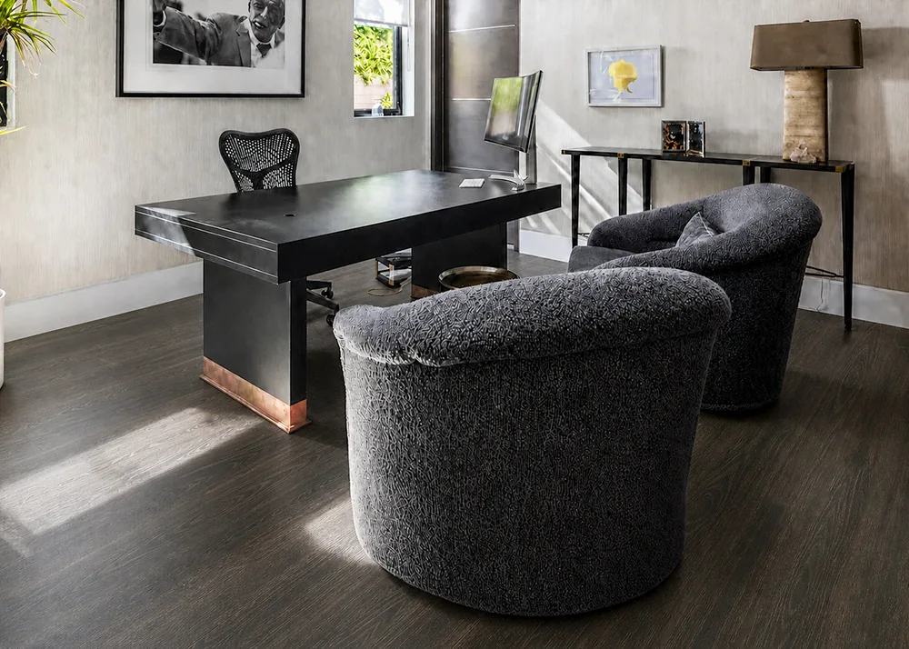Mocha - 7/16&Quot; (11Mm) - Swiss Design Cork Floating (Fmoc11) Mocha 11Mm Swiss Design Cork Flooring In A Sophisticated Home Office With A Black Desk.