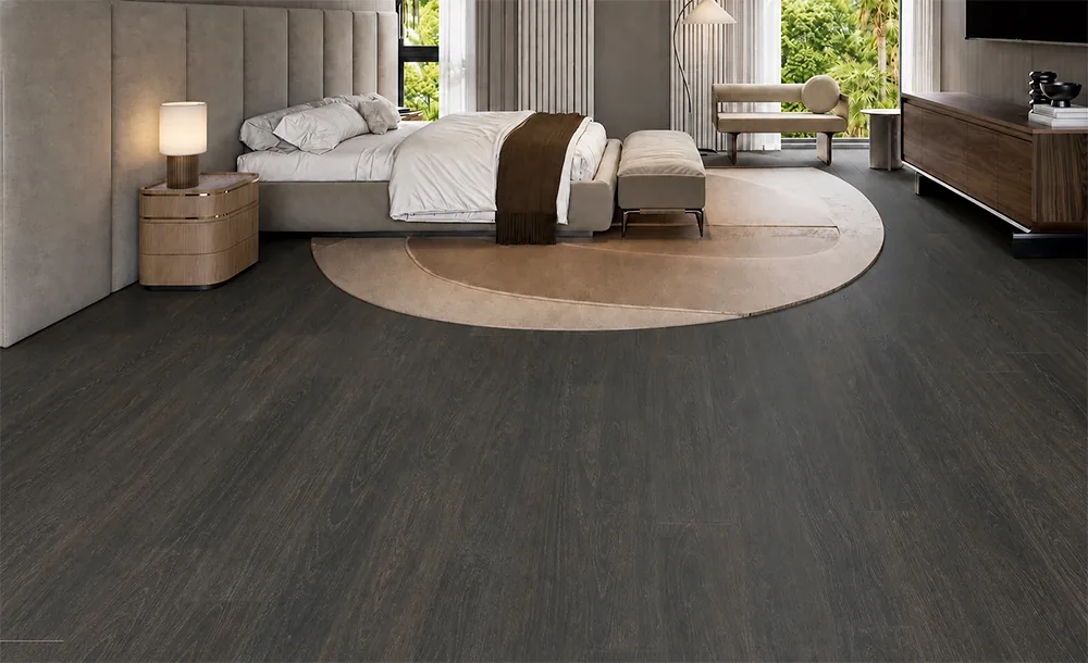 Mocha - 7/16&Quot; (11Mm) - Swiss Design Cork Floating (Fmoc11) Mocha Wood-Grain Cork Flooring In A Luxury Bedroom With Neutral Furniture And A Round Area Rug.