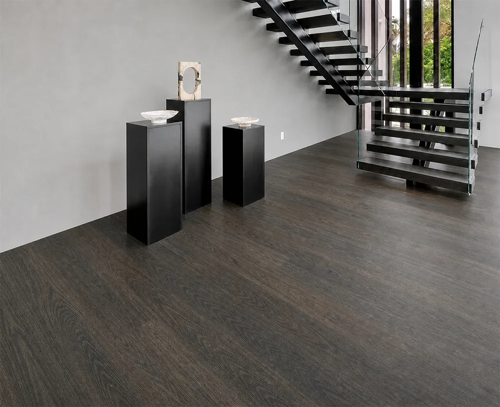 Mocha - 7/16&Quot; (11Mm) - Swiss Design Cork Floating (Fmoc11) Mocha Dark Brown Floating Cork Flooring In A Traditional Hallway With A Staircase And French Doors.