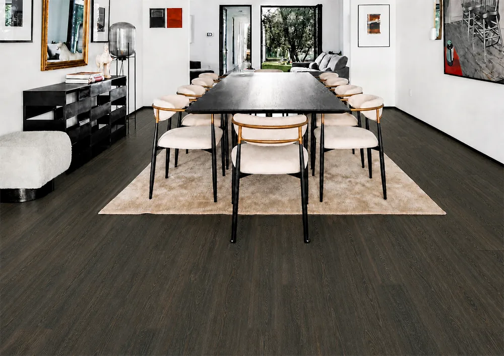 Mocha - 7/16&Quot; (11Mm) - Swiss Design Cork Floating (Fmoc11) Mocha Dark Brown Cork Floating Flooring In A Modern Dining Room With A Long Table And Artwork.