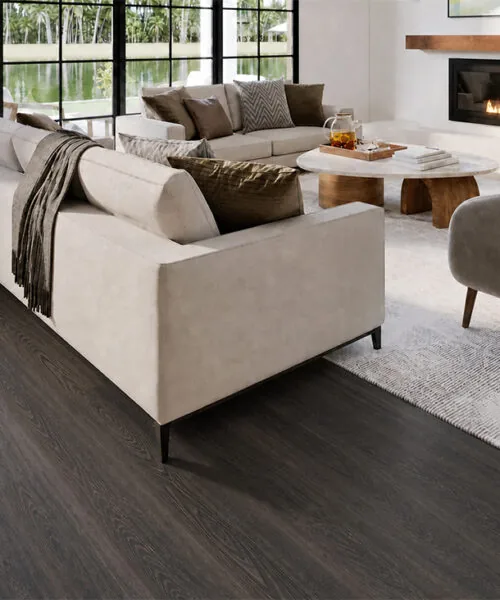 Mocha - 7/16&Quot; (11Mm) - Swiss Design Cork Floating (Fmoc11) Mocha Cork Flooring In A Contemporary Living Room With A Fireplace, Neutral Sofas, And Pool Views.
