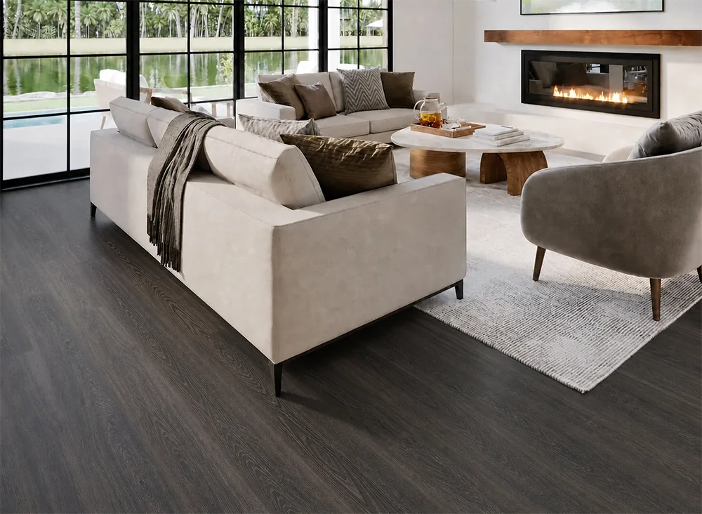 Mocha - 7/16&Quot; (11Mm) - Swiss Design Cork Floating (Fmoc11) Mocha Cork Flooring In A Contemporary Living Room With A Fireplace, Neutral Sofas, And Pool Views.