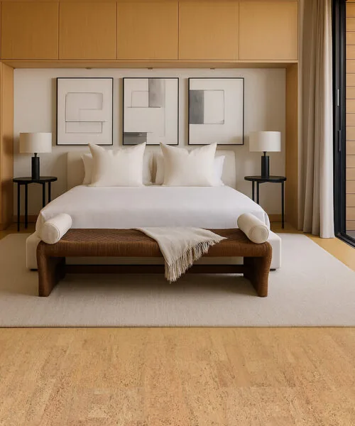 Rhythm – 7/16″ (11Mm) – Swiss Real Cork Floating (Frhy11) Modern Bedroom With Rhythm Swiss Cork Flooring, Featuring Light Oak Tones And Minimalist Design For A Warm And Cozy Feel.