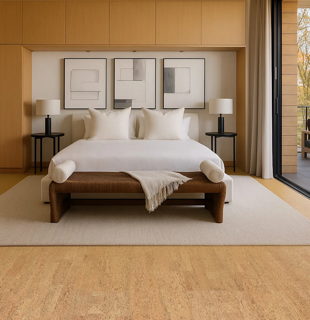 Modern Bedroom With Rhythm Swiss Cork Flooring, Featuring Light Oak Tones And Minimalist Design For A Warm And Cozy Feel.
