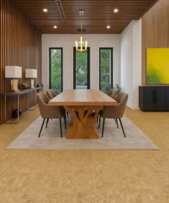 Parcork - 7/16&Quot; (11Mm) - Swiss Real Cork Floating (Fpar11) Modern Dining Room With Swiss Parcork Flooring In Natural Tone, Featuring Wooden Slat Walls And Elegant Wood Furniture.