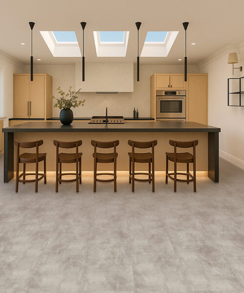 Modern Kitchen With Copperstone Gray Swiss Real Linoleum Waterproof Flooring, Bright Natural Light, And Wood Cabinetry