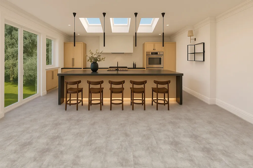 Modern Kitchen With Copperstone Gray Swiss Real Linoleum Waterproof Flooring, Bright Natural Light, And Wood Cabinetry