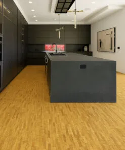 Linea Dark - 7/16&Quot; (11Mm) - Swiss Real Cork Floating (Flin11) Modern Black Kitchen With Island Featuring Dark Linear Cork Flooring That Adds Warmth And Contrast To Sleek Cabinetry.