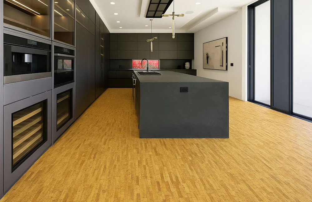 Linea Dark - 7/16&Quot; (11Mm) - Swiss Real Cork Floating (Flin11) Modern Black Kitchen With Island Featuring Dark Linear Cork Flooring That Adds Warmth And Contrast To Sleek Cabinetry.