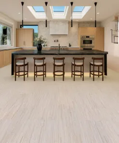 Modern Kitchen With Skylights And Natural Wood Cabinets Featuring Vertical Swiss Cork Flooring In Light Beige Tones For A Warm, Sustainable, And Elegant Interior