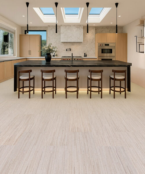 Vertical - 7/16&Quot; (11Mm) - Swiss Real Cork Floating (Fvtc11) Modern Kitchen With Skylights And Natural Wood Cabinets Featuring Vertical Swiss Cork Flooring In Light Beige Tones For A Warm, Sustainable, And Elegant Interior